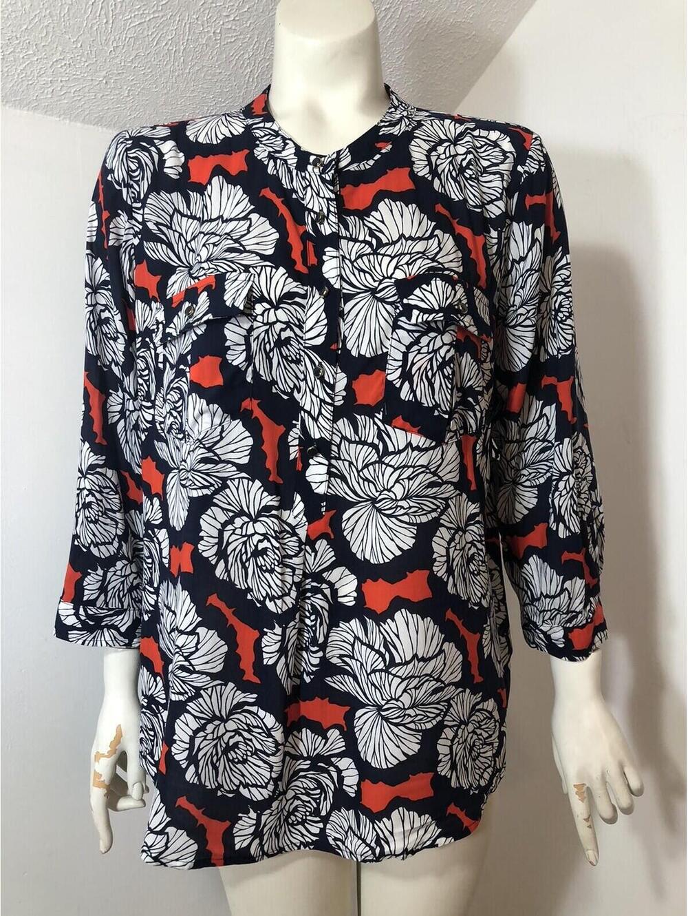New Stylus Apparel Womens Large Popover Top Red White Blue Floral 3/4 Sleeves